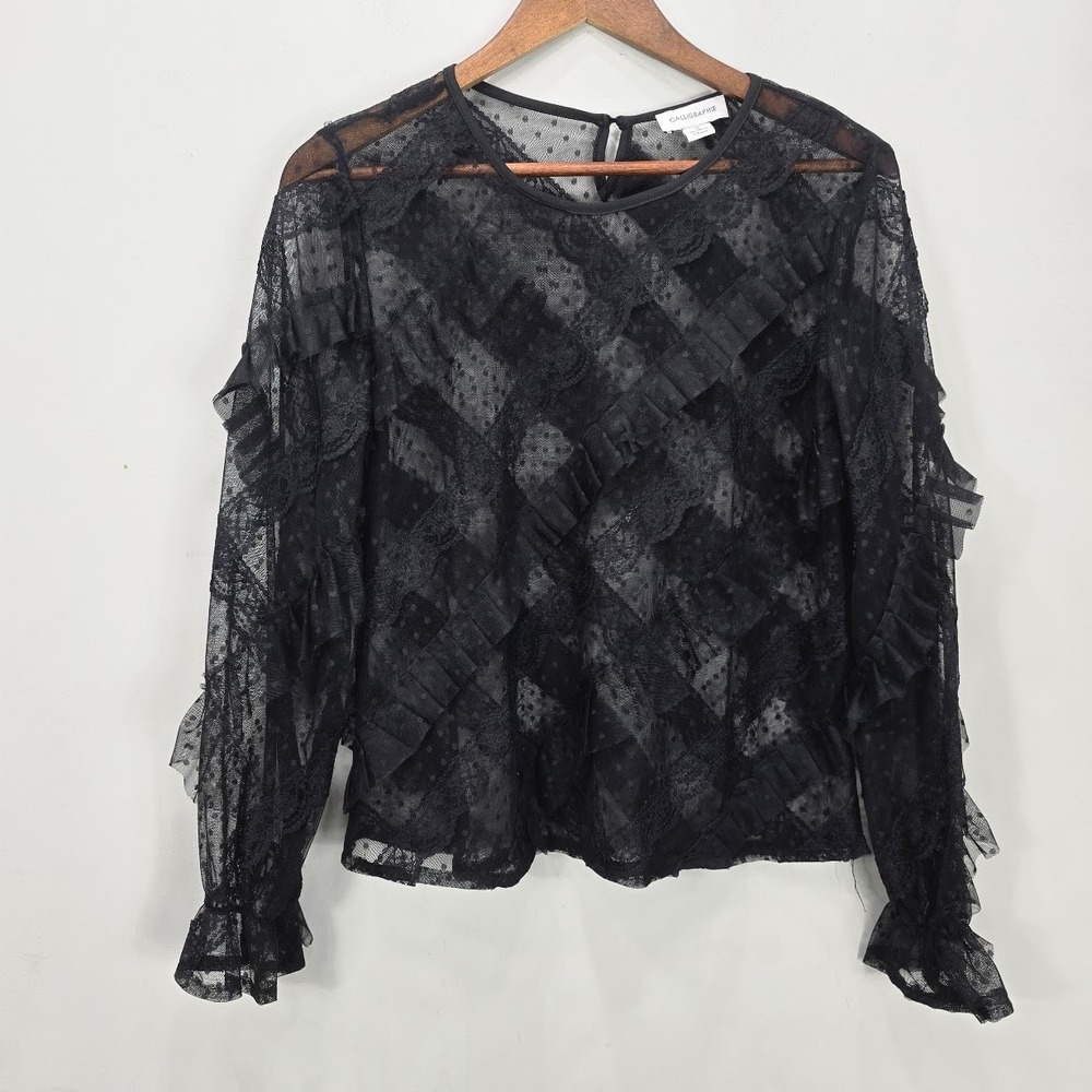 Calligraphie Black Lace Ruffle Top Blouse M Sheer Whimsigoth Witchy Romantic